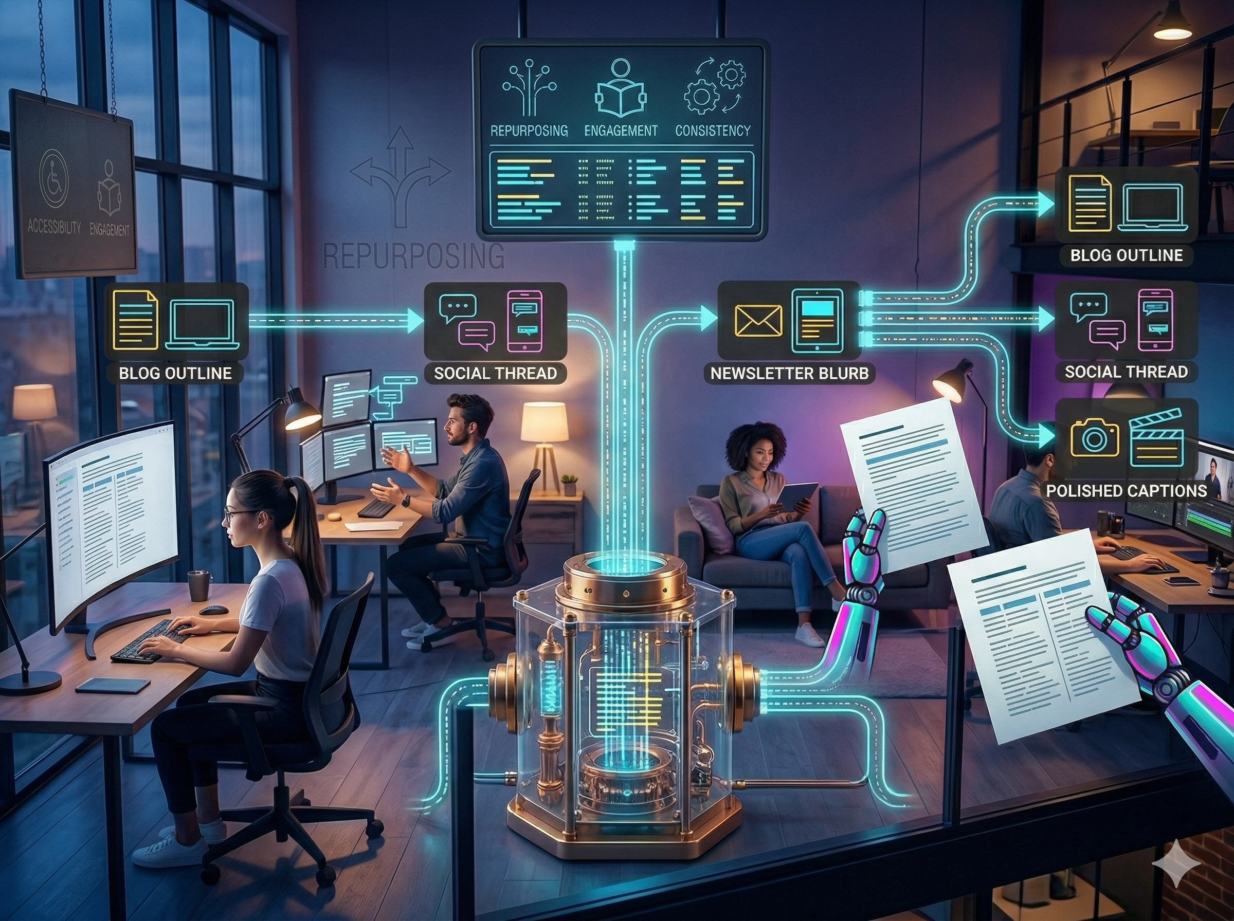 One video transcript reused as blog outlines, social posts, newsletter snippets, and captions across marketing channels.